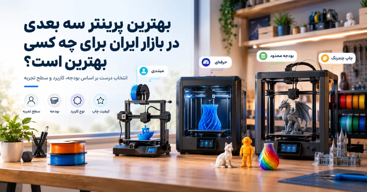 چند رول فیلامنت رنگی کنار چند نمونه قطعه چاپ‌شده با شکل‌ها و کاربردهای متفاوت روی میز