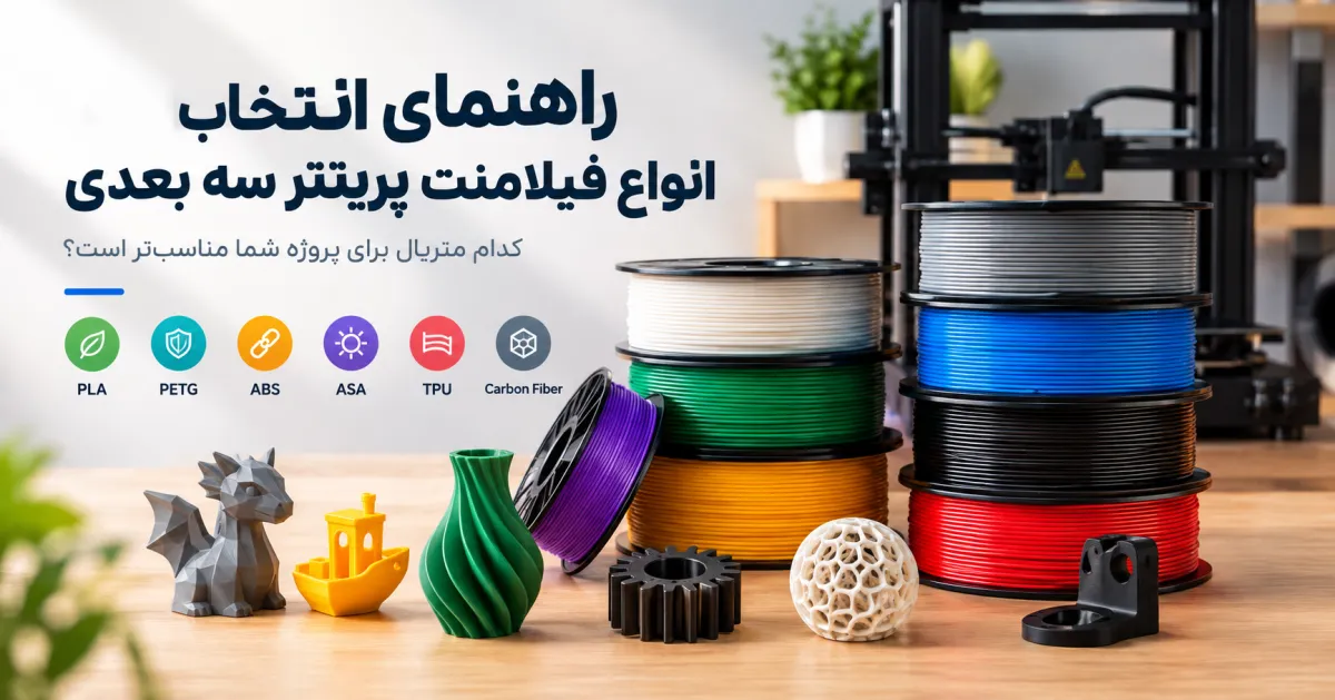 چند رول فیلامنت در کنار نمونه قطعات چاپ سه‌بعدی دکوراتیو، کاربردی و انعطاف‌پذیر روی میز