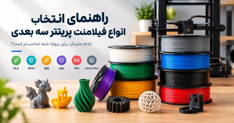 چند رول فیلامنت در کنار نمونه قطعات چاپ سه‌بعدی دکوراتیو، کاربردی و انعطاف‌پذیر روی میز